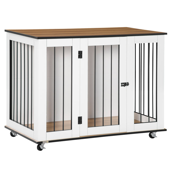 PawHut Dog Cage End Table with Five Wheels, Dog Crate Furniture for Large Sized Dogs, with Front Door Latch, Indoor Use, White | Aosom UK