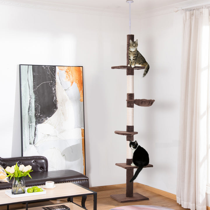 PawHut Cat Climbing Tree, 5-Tier Floor to Ceiling Adjustable Scratching Post Tower, Activity Centre, Brown, 230-260cm | Aosom UK