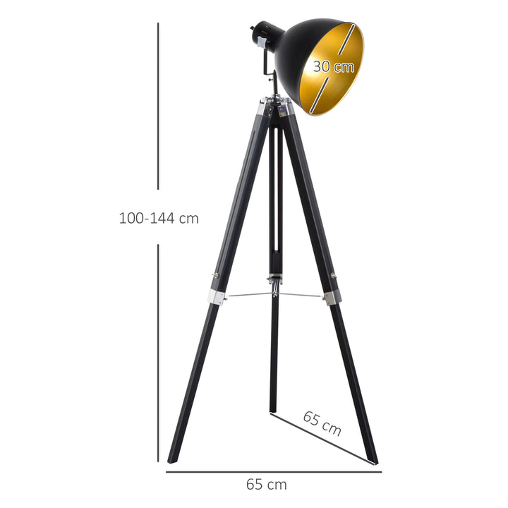 Tripod Floor Lamp, Spotlight Reading Lamp w/ Adjustable Height, Angle, Wood Legs for Living Room, Bedroom, Home, Office, Black and Gold