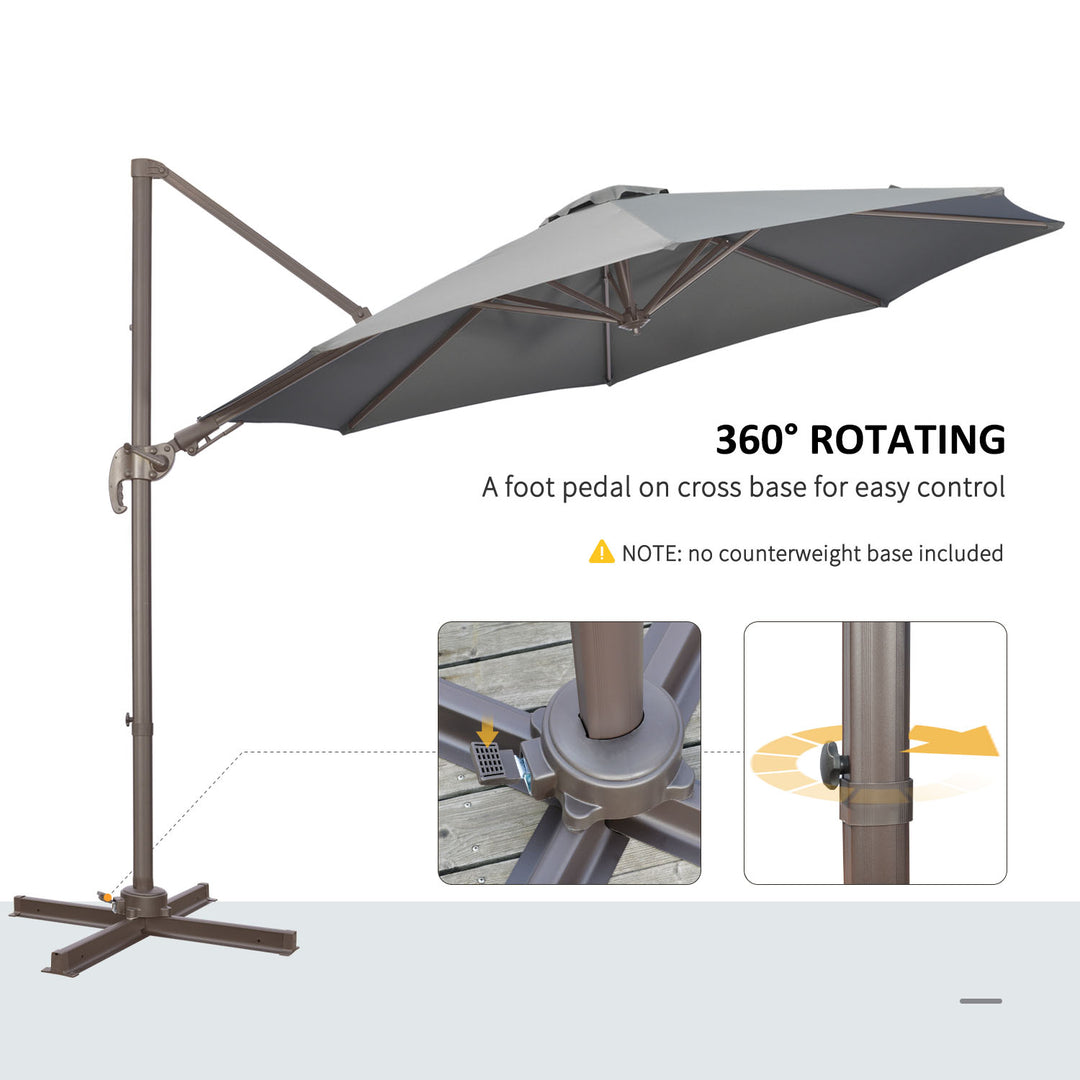 3(m) Cantilever Parasol 360° Rotation Roma Umbrella Hanging Sun Shade with Aluminium Frame, Tilt Crank, 8 Ribs and Cross Base, Dark Grey