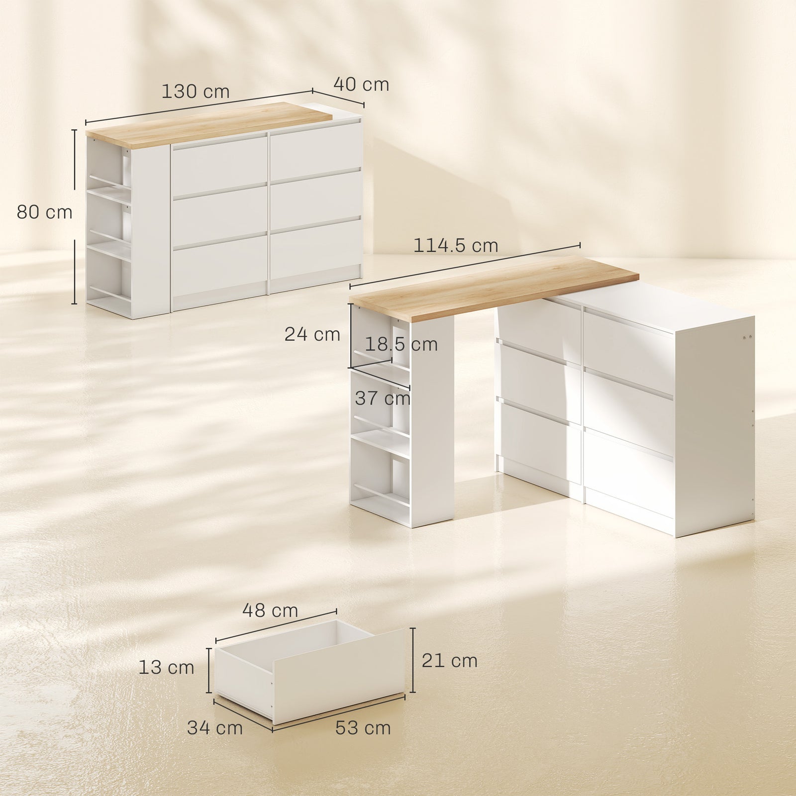 Vanity Table, Dressing Table with 6 Drawers and 3-Tier Shelf for Women