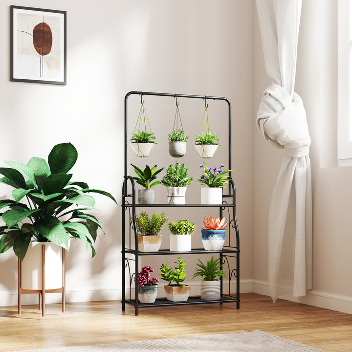 3 Tier Plant Stand with Hanging Rod and Hooks, Metal Plant Rack Shelf, Ladder Flower Pot for Indoor Outdoor Porch Balcony Living Room Bedroom, Black