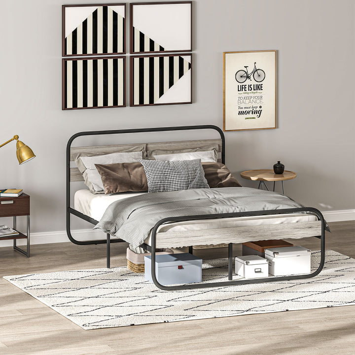 4ft6 Double Bed Frame, Industrial Style Metal Platform Bed Frame with Under Bed Storage, No Box Spring Needed, Easy Assembly, Grey