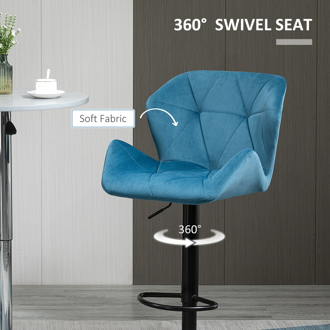 Bar Stools Set Of 2, Luxurious Velvet-Touch Barstools with Metal Frame Footrest Round Base Triangle Indenting Moulded Seat Adjustable Height Swivel Blue