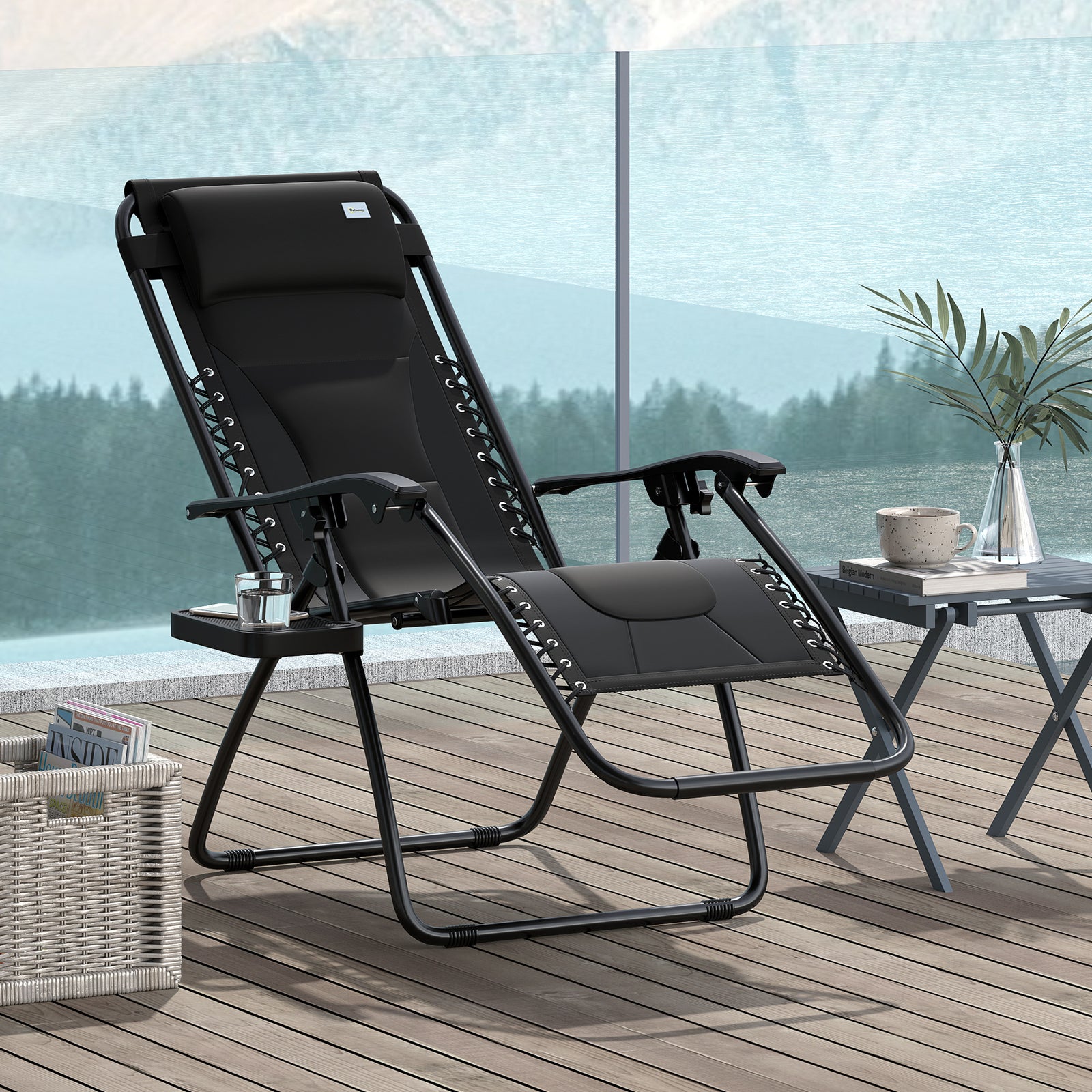 Zero Gravity Lounger Chair, Folding Reclining Patio Chair with Padded Seat, Cup Holder, Soft Cushion and Headrest for Poolside, Camping, Black