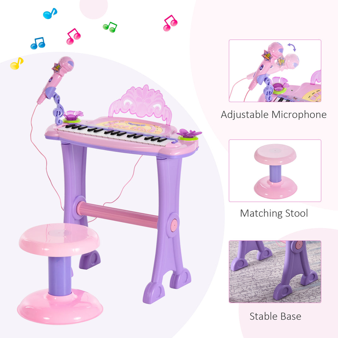 HOMCOM Electronic Organ for Kids, Mini Piano with Microphone and Stool, Interactive Music Play, Purple/Pink | Aosom UK