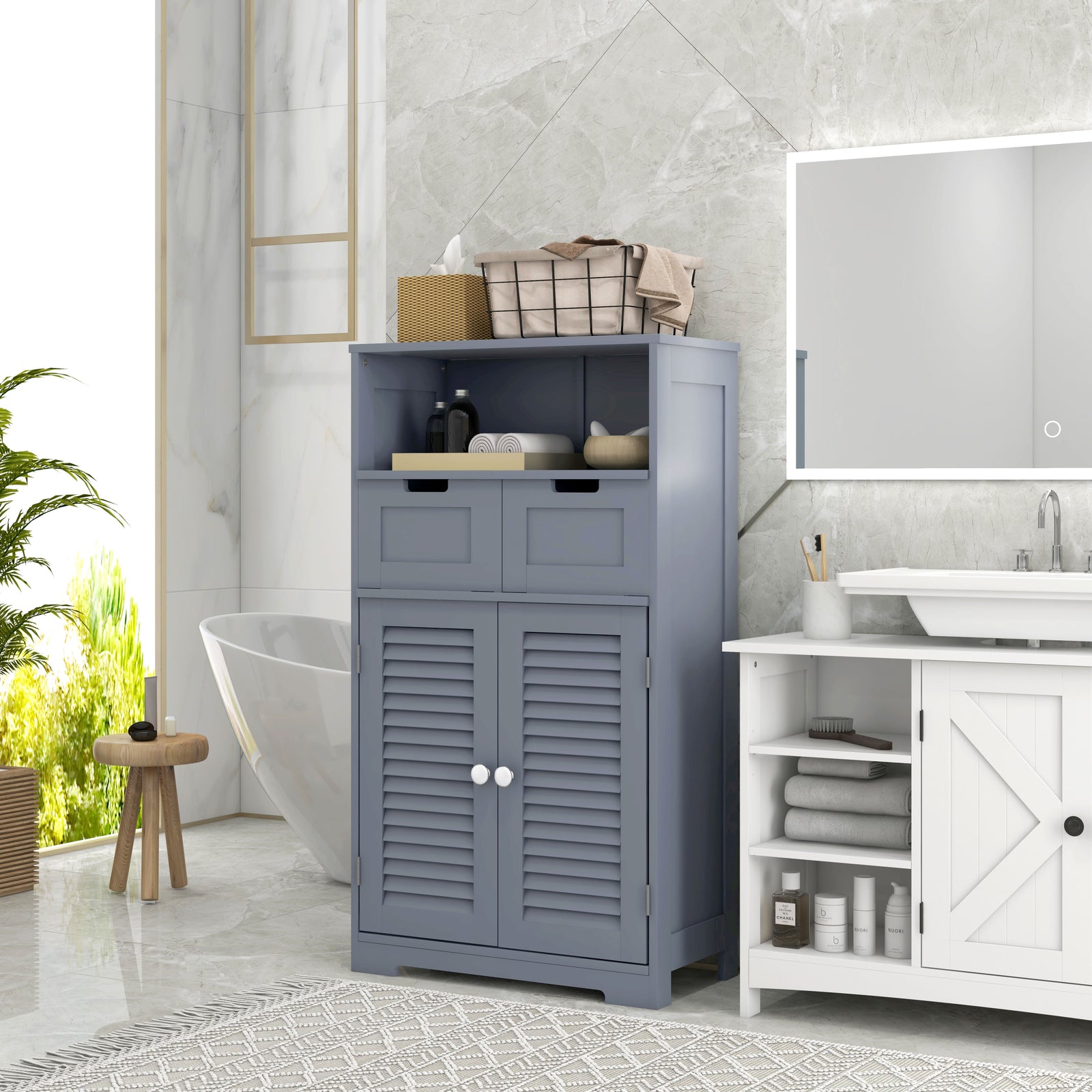 Three-Part Bathroom Storage Unit, with Shelf, Drawers & Cupboard - Grey