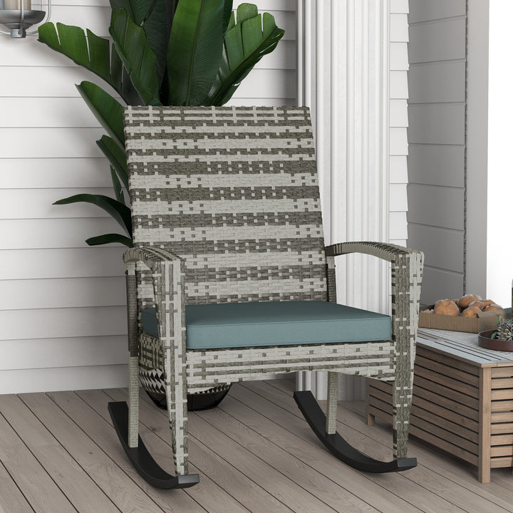 MCL PE Rattan Garden Rocking Chair, Outdoor Rocking with Cushion, 160 KG Capacity Wicker Garden Armchair Rocker with Metal Frame for Patio, Porch, Balcony, Light Grey