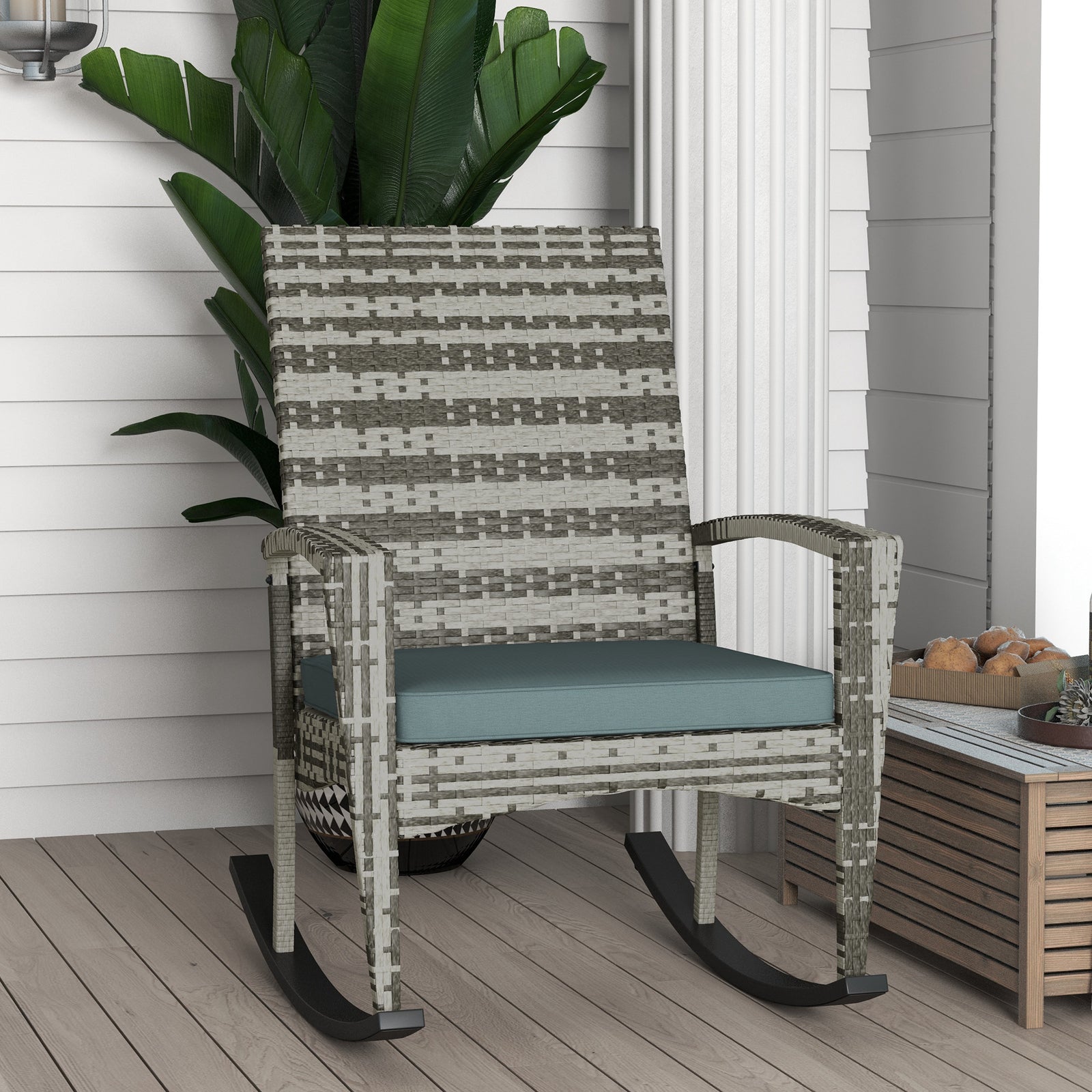 PE Rattan Garden Rocking Chair, Outdoor Rocking with Cushion, 160 KG Capacity Wicker Garden Armchair Rocker with Metal Frame for Patio, Porch, Balcony, Light Grey