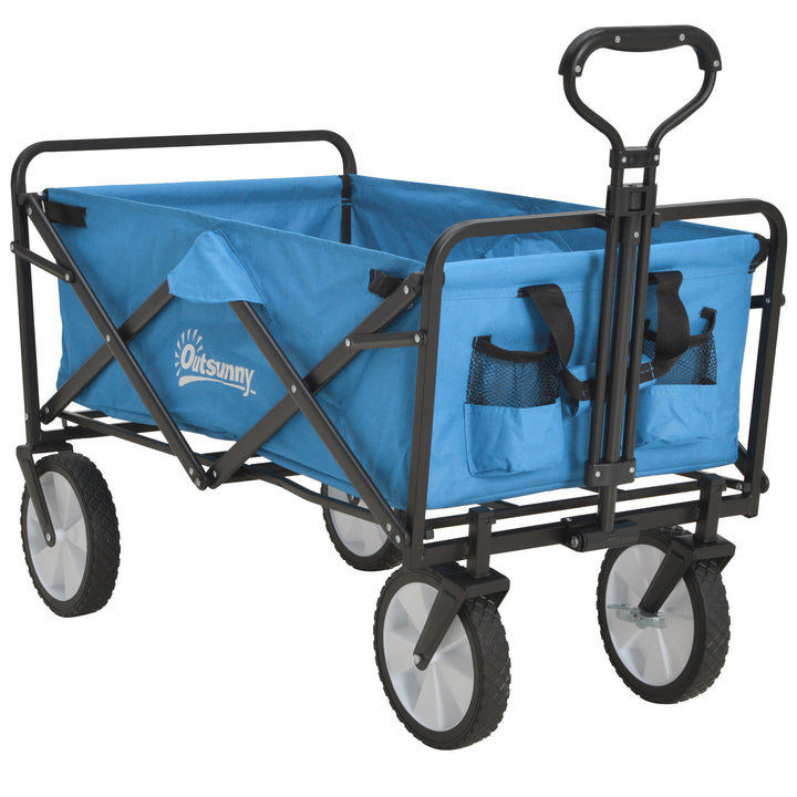 Outsunny Folding Garden Trolley Cart, Cargo Wagon Trailer for Beach & Outdoor Use, with Telescopic Handle, Blue | Aosom UK