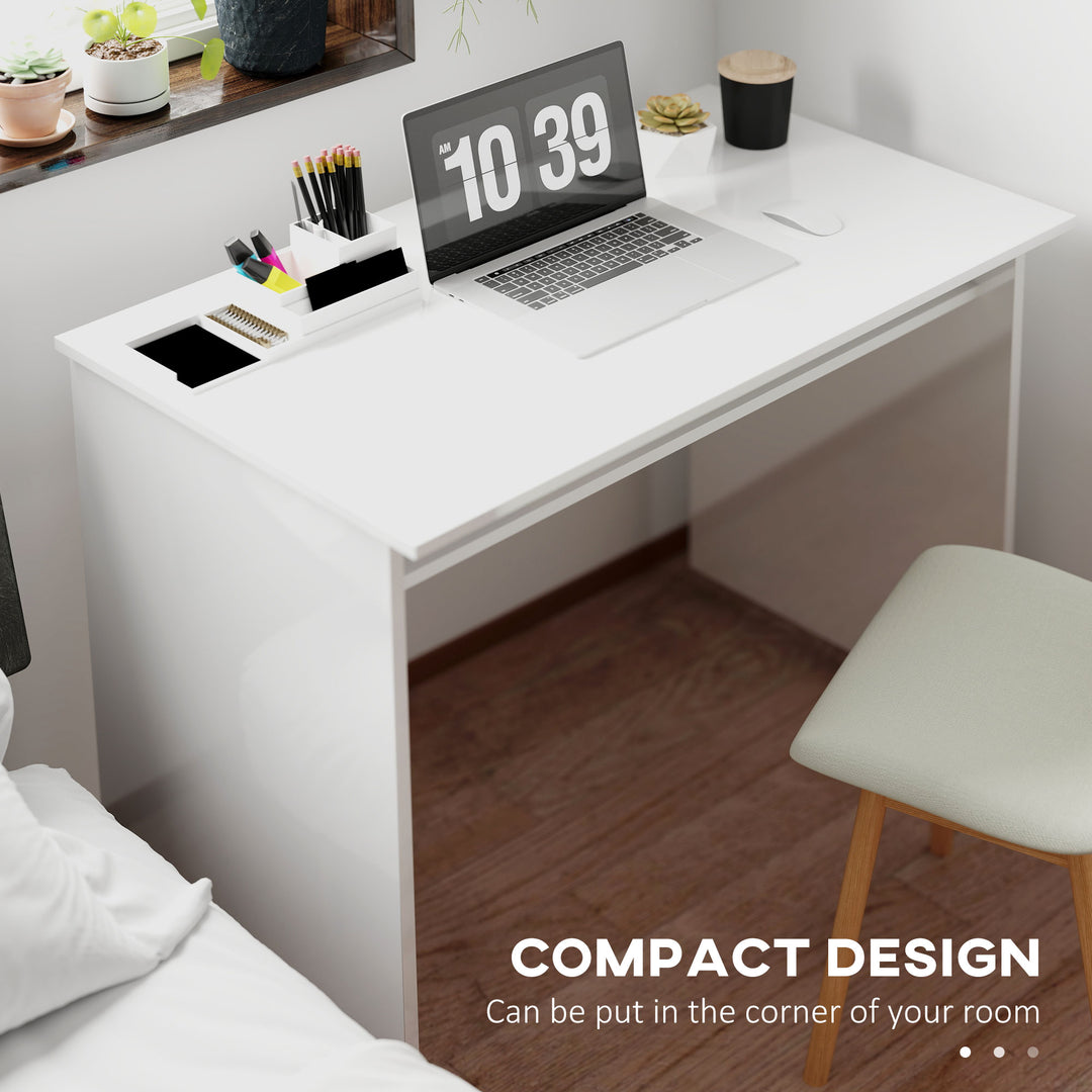 90 x 50cm Computer Table, Modern Home Office Desk, Small Writing Desk with Storage Shelf, High Gloss White