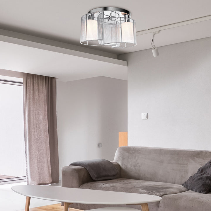 Modern Chandelier, Semi-Flush Mount Ceiling Light with 2 Light, E27 Bulb Base for Hallway, Dining Room, Living Room, White and Silver