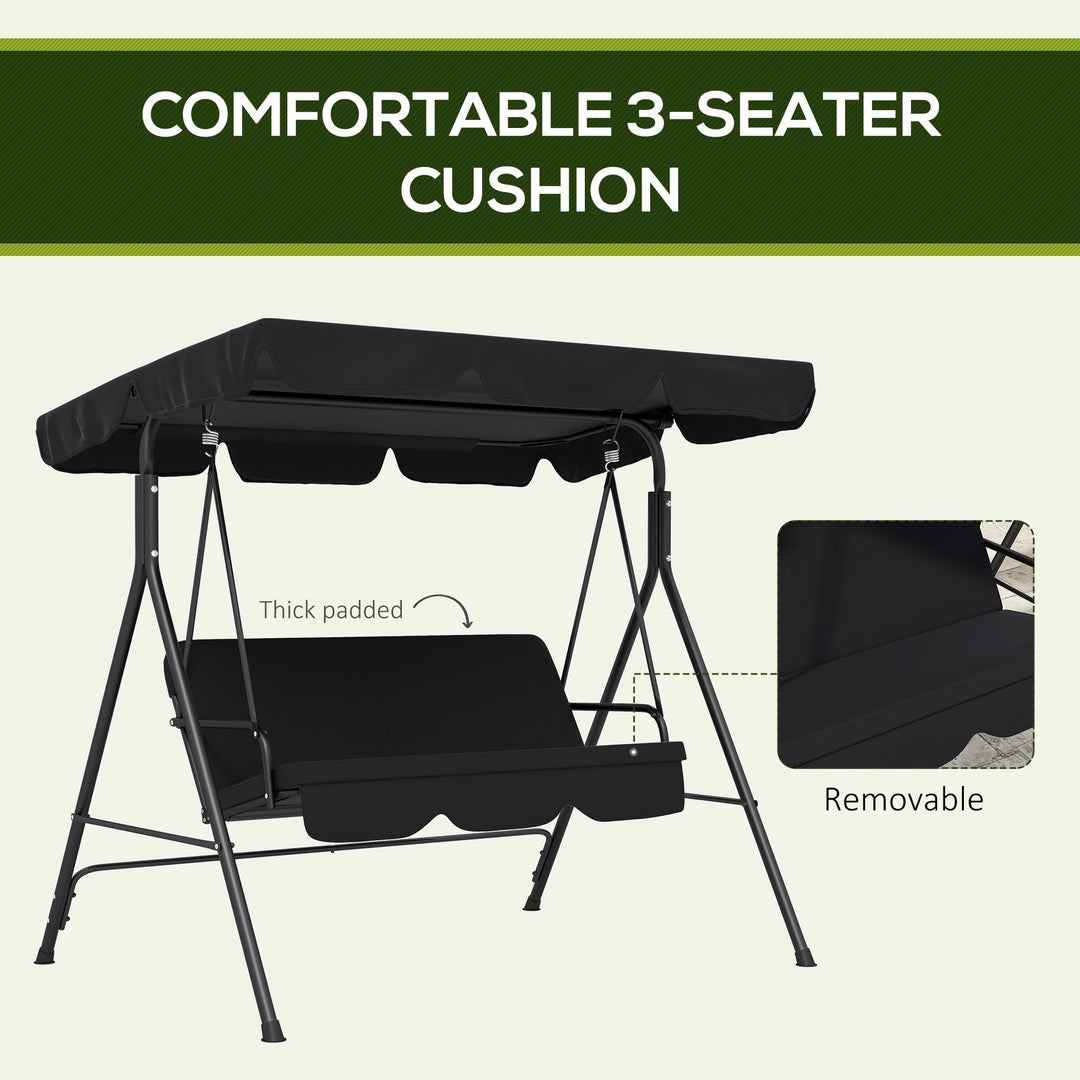 Three-Seater Garden Swing Chair, with Adjustable Canopy - Black
