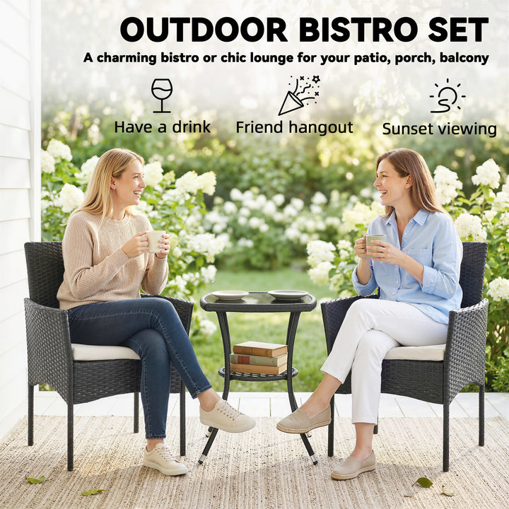3 Piece Rattan Bistro Set, PE Wicker Garden Furniture Conversation Set