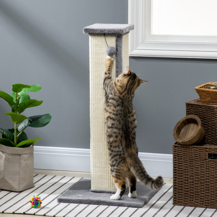 81cm Cat Scratcher, Vertical Full Scratcher w/ Natural Sisal Rope, Hanging Ball, Soft Plush - Grey