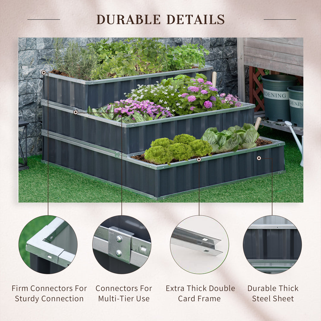 3 Tier Raised Garden Bed, Metal Elevated Planer Box Kit Flower Pot w/ A Pairs of Glove for Garden, Patio to Grow Vegetables, Herbs, Flowers, 118 x 118 x 62 cm, Grey