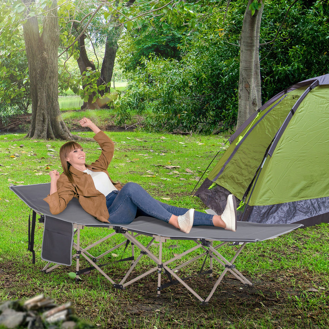Single Steel Frame Portable Camping Cot, with Carry Bag - Grey