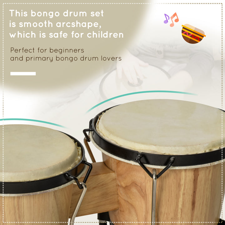 HOMCOM Wooden Bongo Drum Set w/ Sheepskin Drum Head, Percussion Instrument, Φ7.75" & Φ7" Drums, for Kids Adults, w/ Tuning Wrench | Aosom UK