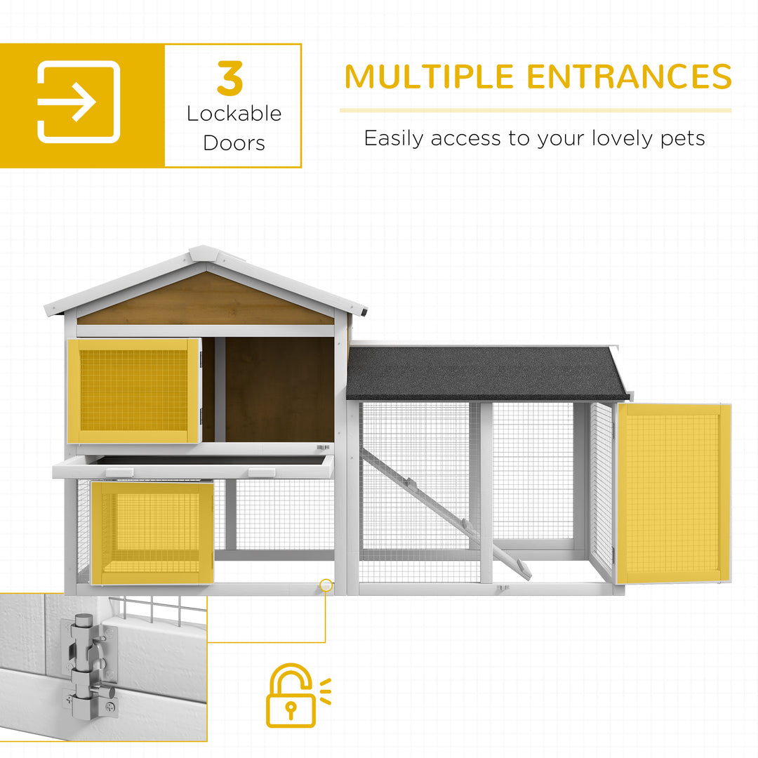 Wooden Rabbit Hutch Outdoor, Double Tier with Water-Resistant Roof, Ramp 147 x 54 x 84 cm, Yellow