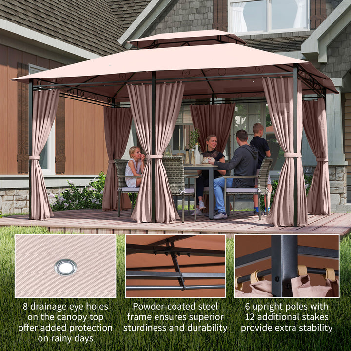 4m x 3(m)Garden Gazebo, Double Roof Outdoor Gazebo Canopy Shelter with Curtains, Solid Steel Frame for Patio, Garden, Brown