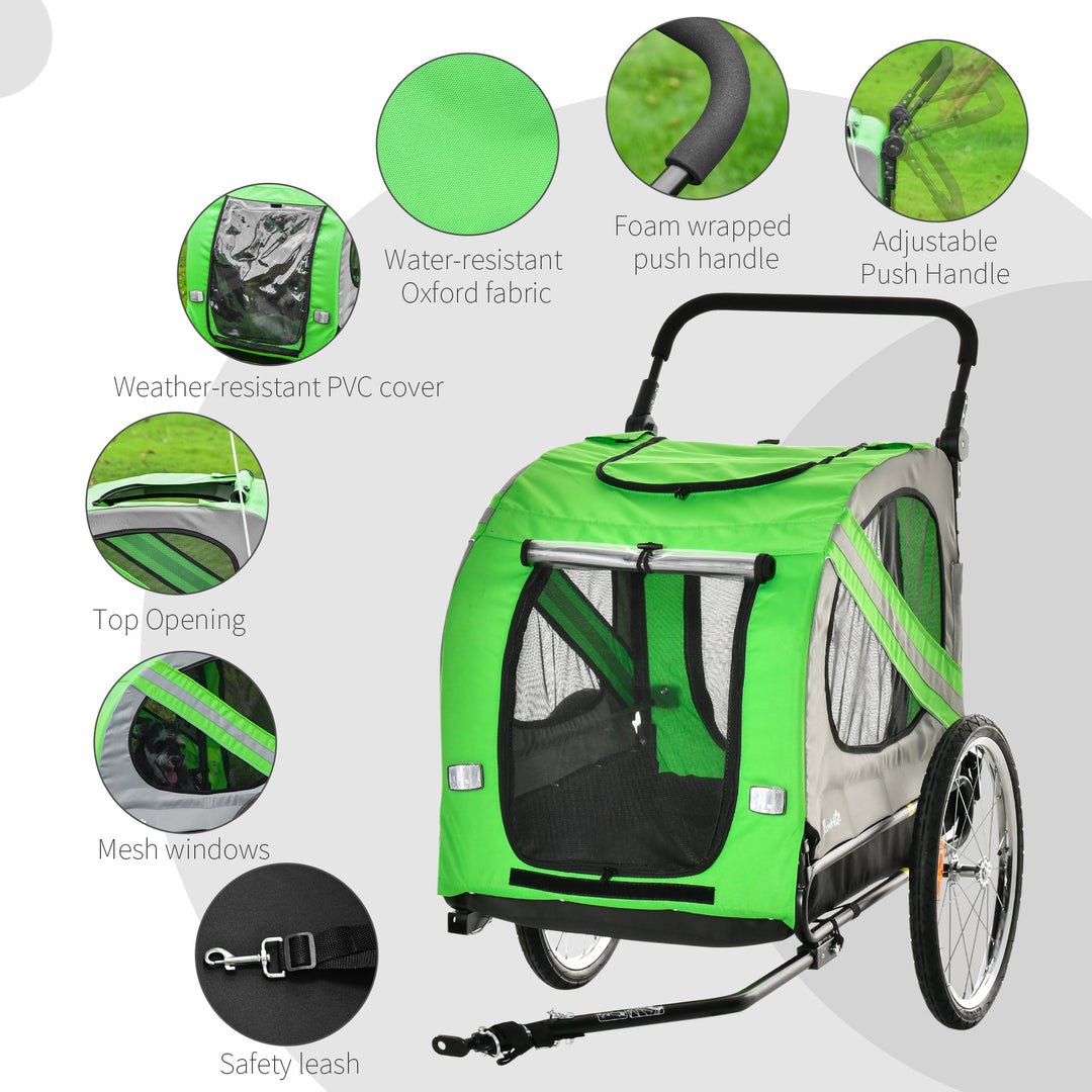 PawHut 2-in-1 Dog Bike Trailer & Pet Stroller, Steel Frame Bicycle Carrier with Universal Wheel, Reflectors & Flag, Green | Aosom UK