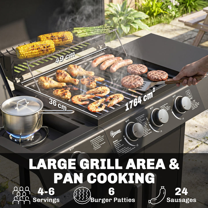 3+1 Burner Gas BBQ Grill, Outdoor Barbecue Trolley with Wheels, Warmin