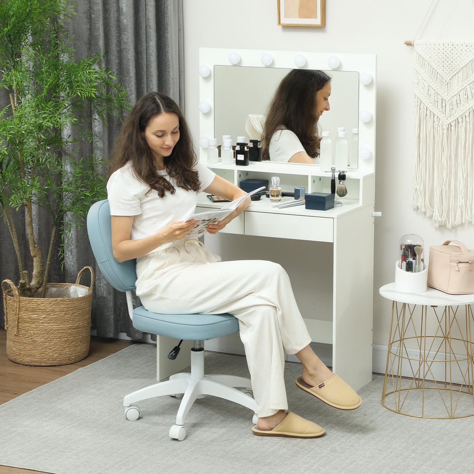 Vanity Office Chair, PU Leather Computer Chair for Home, with Adjustable Height, Armless, Swivel Wheels, Blue