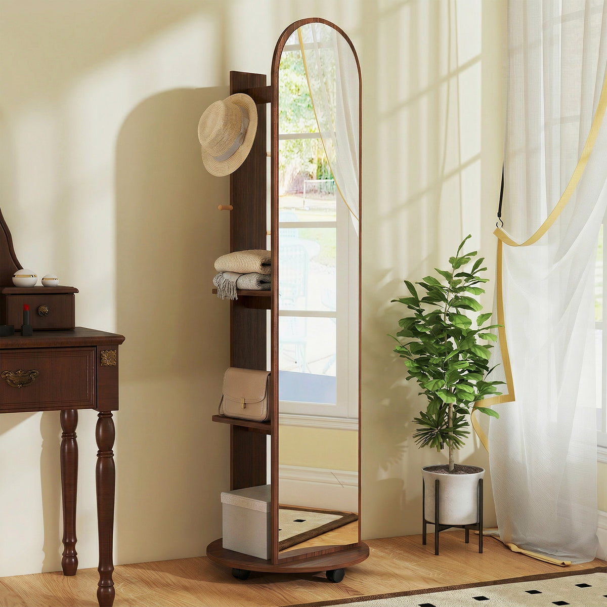 2-in-1 Full Length Mirror with Storage Shelves, Floor Mirror with 4 Wh