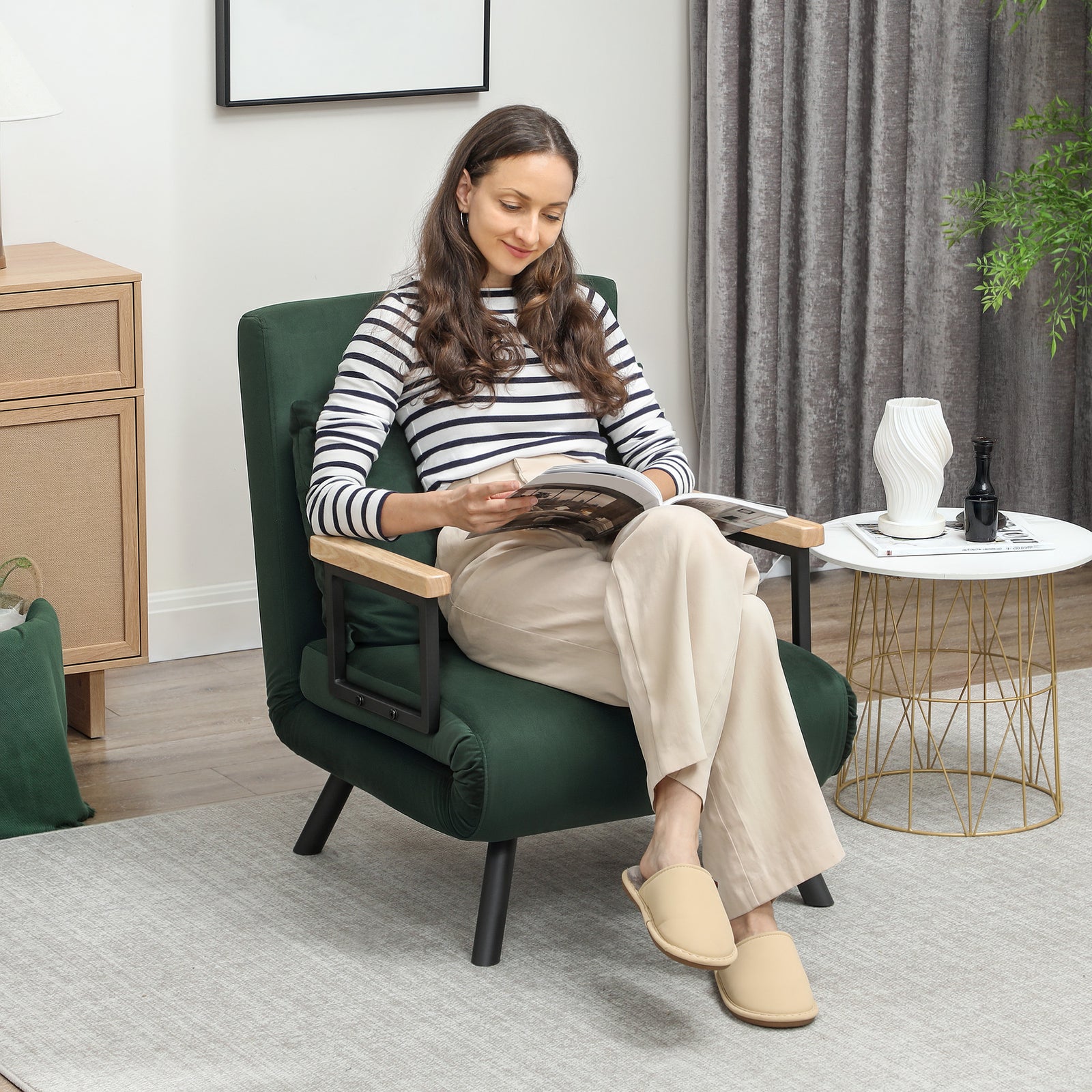 4-in-1 Velvet-Feel Single Chair Bed, with Pillow - Green