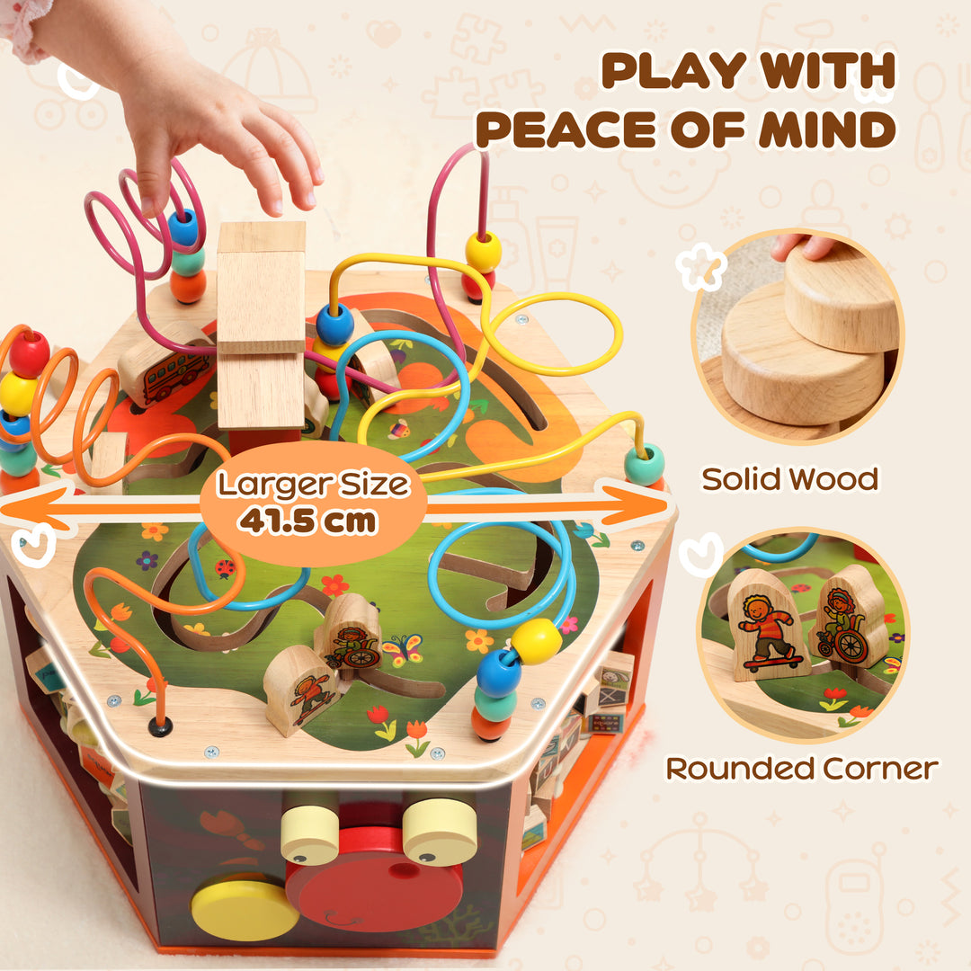 MCL 8 in 1 Wooden Activity Cube with Bead Maze, Shape Sorter, for Kids Boys Girls 18+ Months