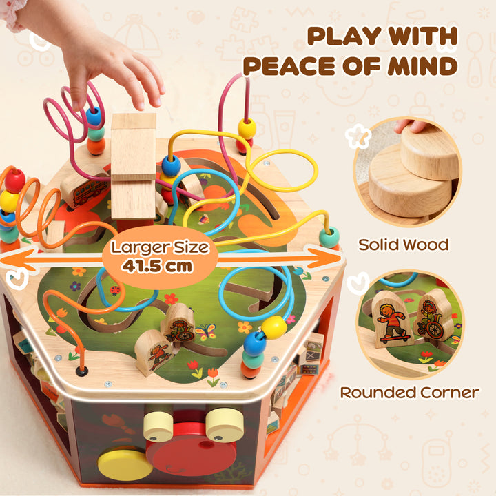 MCL 8 in 1 Wooden Activity Cube with Bead Maze, Shape Sorter, for Kids Boys Girls 18+ Months