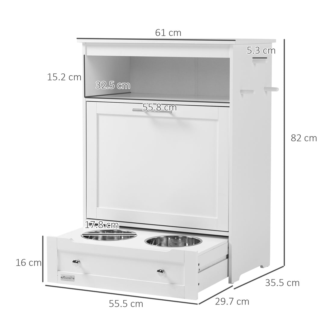 Pet Feeder Station, Dog, Cat Storage Container, with Raised Bowls, Hanger, Cabinet - White