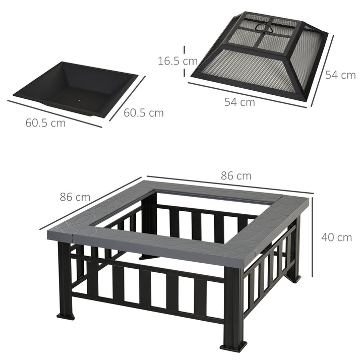 Metal Large Firepit Outdoor Square Fire Pit Brazier w/ Rain Cover, Lid, Log Grate, Poker for Backyard, Camping, BBQ, Bonfire, Wood Burning Stove, 86 x 86 x 54cm, Black
