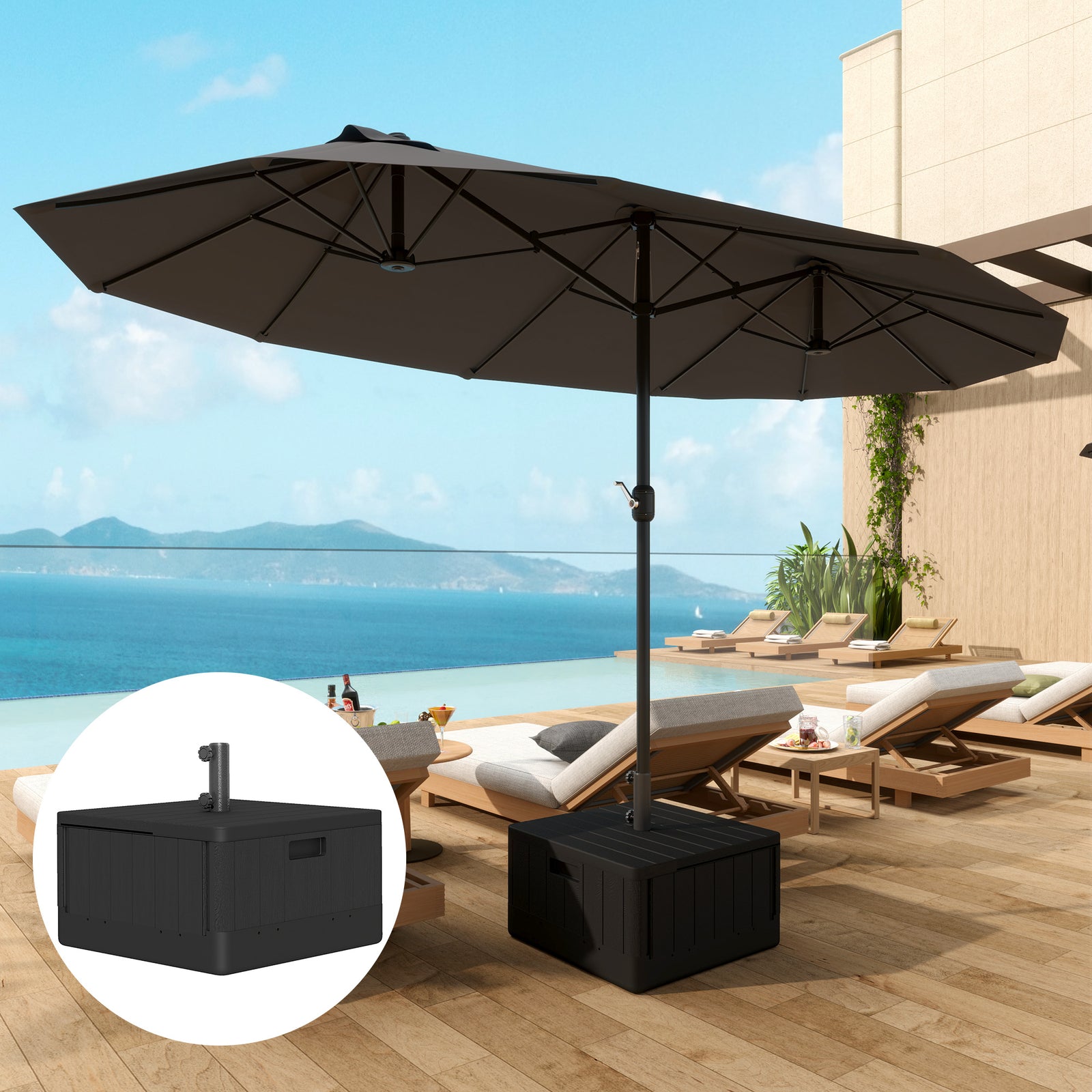 Garden Parasol Base Outdoor Umbrella Stand with Wheels Handles, Garden Umbrella Base, Filled Up to 80kg with Stand or 50kg with Water for 38, 48 mm Poles, Black