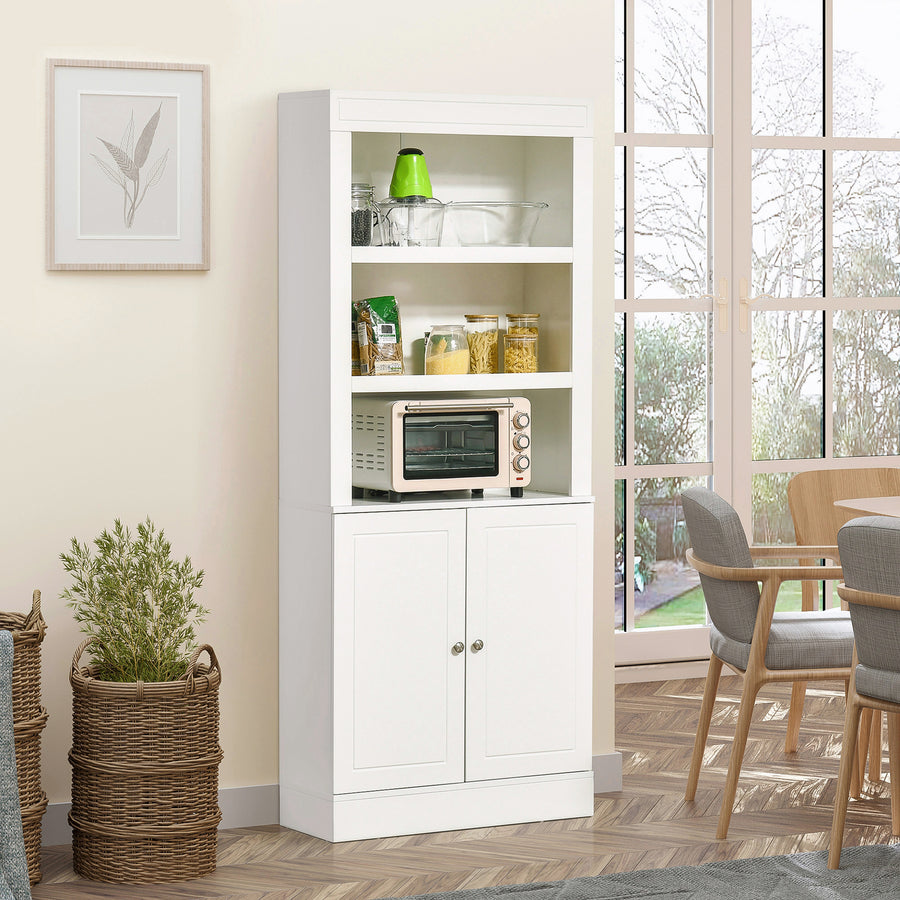 Kitchen Cupboard with 6-tier Shelving, Freestanding Storage Cabinet, Pantry Cupboard with 3 Open Compartments and Double-door Cabinet with Adjustable Shelves, White