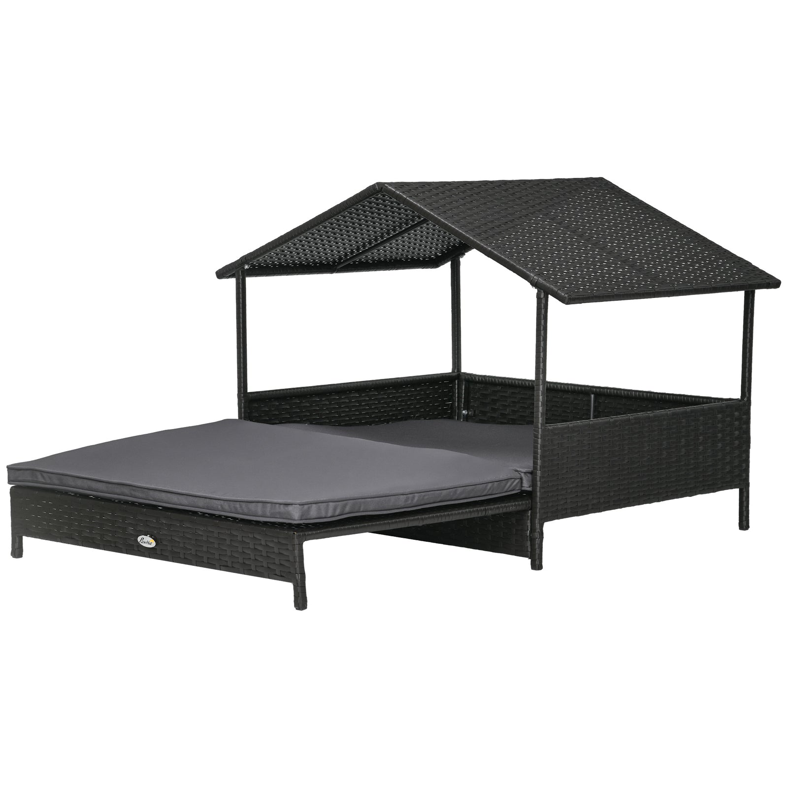 Extendable Elevated Dog Bed, Rattan Dog House w/ Water-Resistant Roof, Removable Cushion - Grey