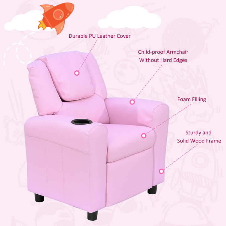 HOMCOM Children Recliner Armchair W/ Cup Holder-Pink | Aosom UK