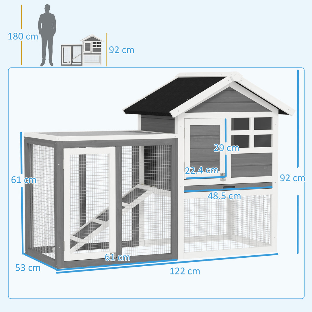 Rabbit Hutch Outdoor Wooden Guinea Pig Hutch Rabbit Run Bunny Cage Small Animal House Pull-Out Tray, Grey, 122 x 62.6 x 92 cm