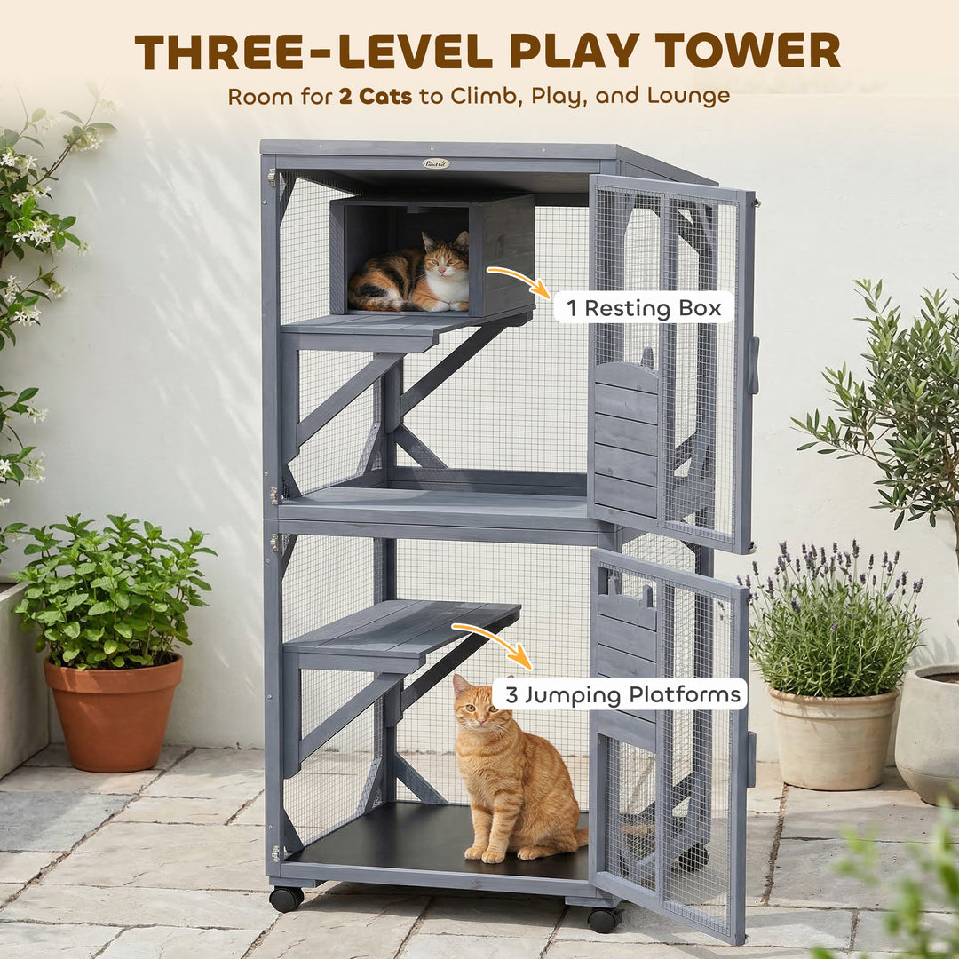 Movable Outdoor Catio with Resting Box, 3 Jumping Platforms, Waterproo