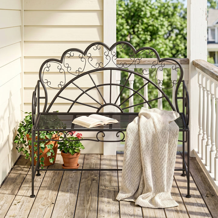 Metal Garden Bench Loveseat with Slatted Seat, Black