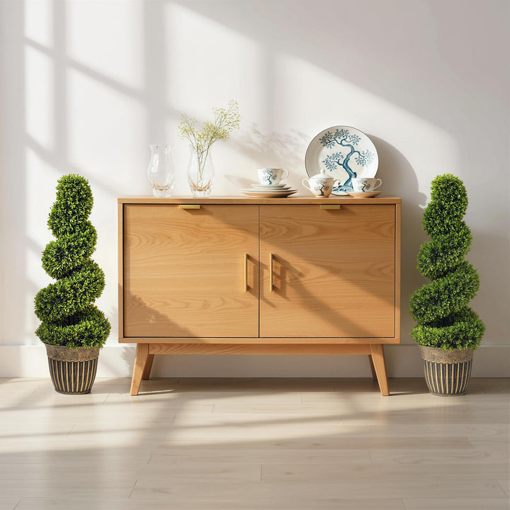 Set of 2 Artificial Plants, Topiary Spiral Boxwood Trees with Pot, for