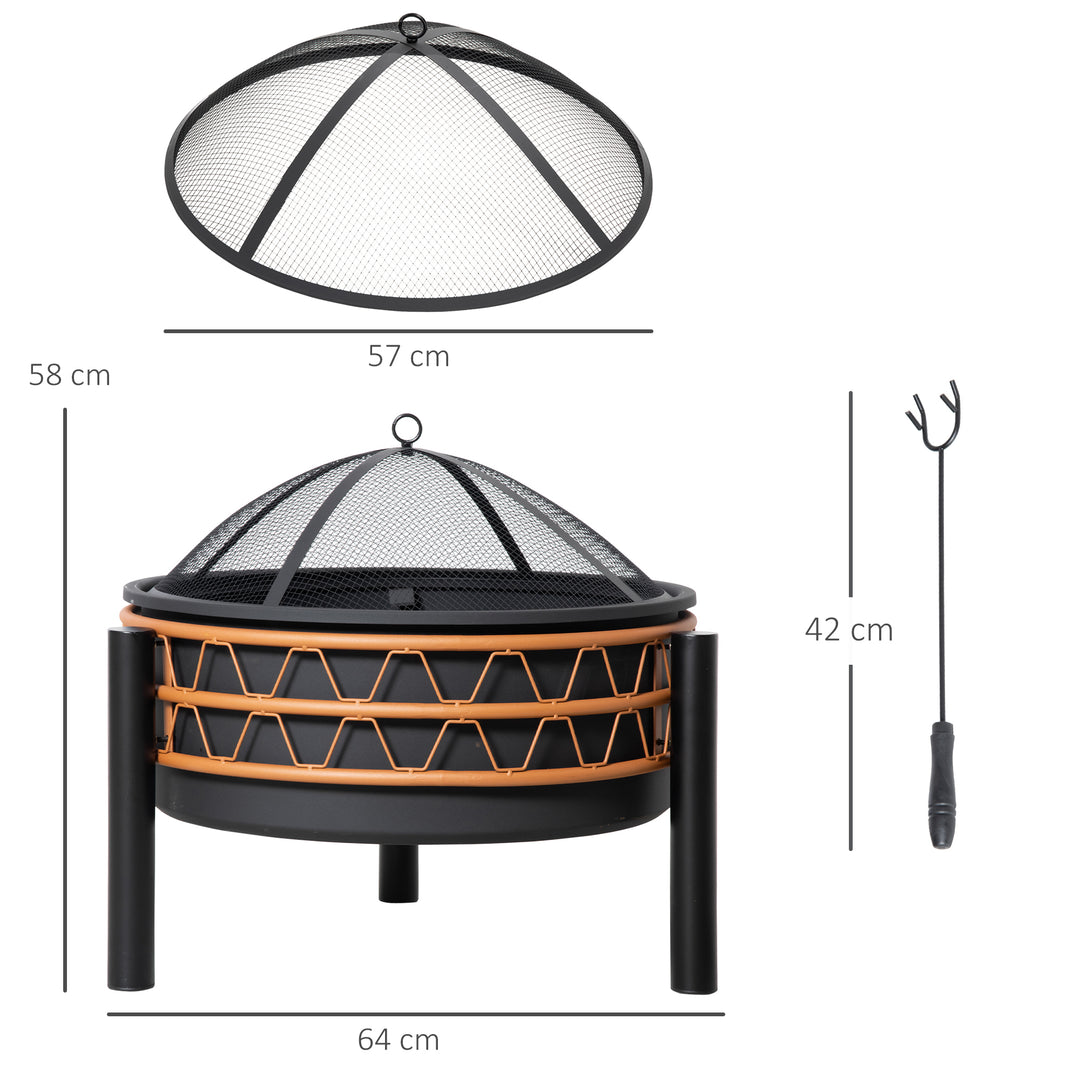 Outsunny Outdoor Fire Pit, Metal Round Firepit Bowl, Charcoal Log Wood Burner with Screen Cover, Poker for Patio, BBQ, Camping, 64 x 64 x 58cm, Black