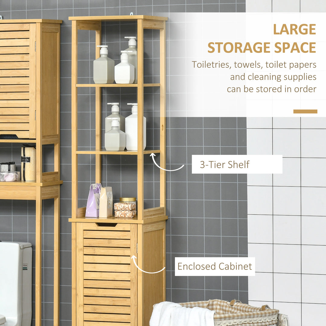 Tall Bathroom Cabinet, Slim Storage Cabinet, Tallboy Bamboo Storage Unit with 3-Tier Storage Shelves and Freestanding Organiser, Natural