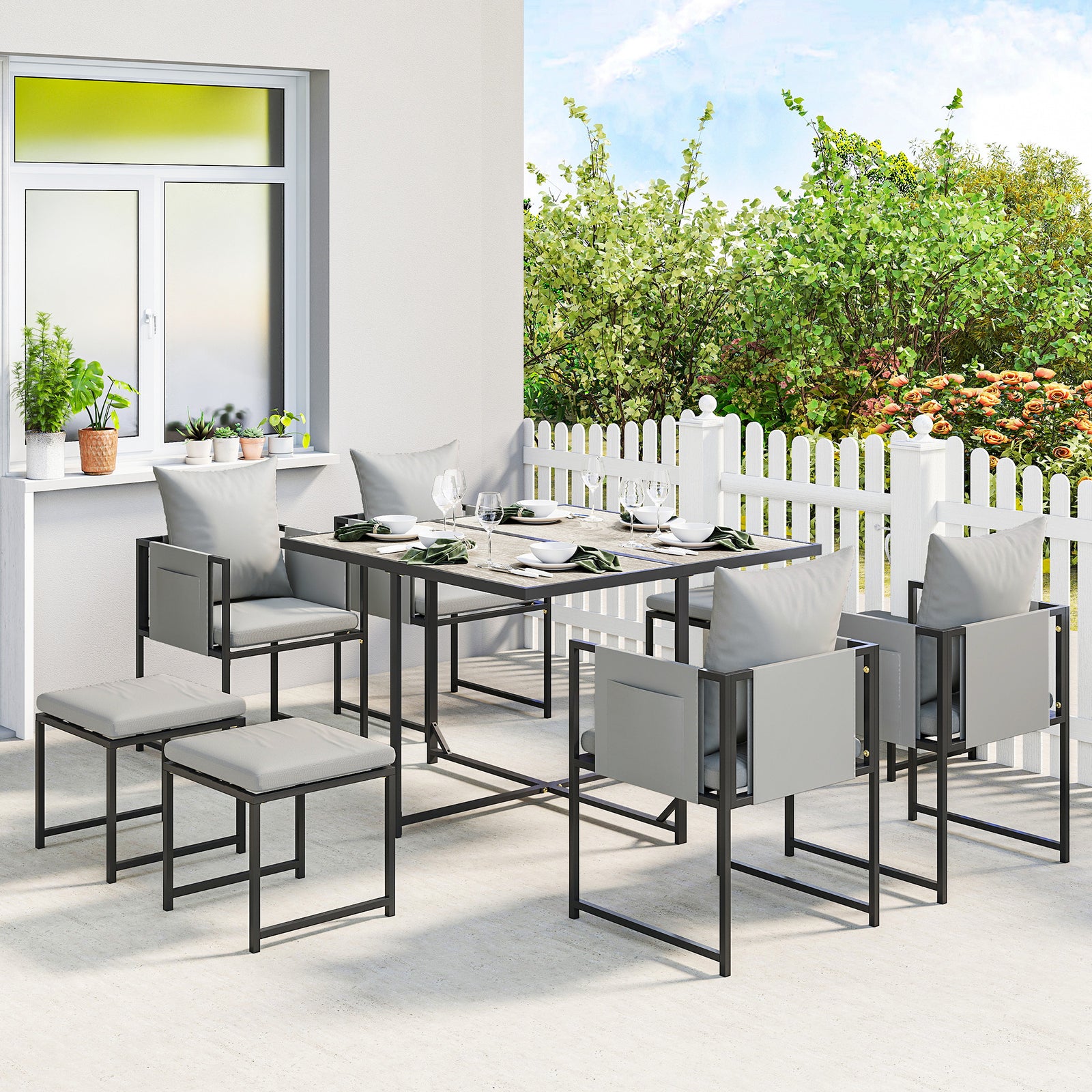 Nine-Piece Steel Frame Garden Dining Set - Dark Grey