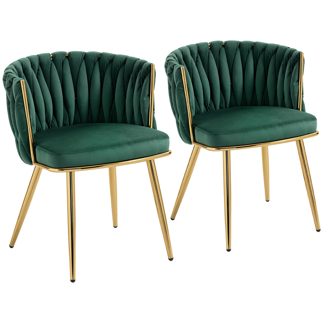 Velvet-Feel Dining Chairs Set of 2, Modern Upholstered Kitchen Chairs with Woven Backrest and Armrests, Metal Legs and Padded Seat for Dining Room, Bedroom, Living Room