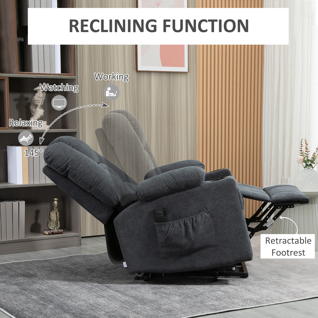 HOMCOM Oversized Riser and Recliner Chairs for the Elderly, Fabric Upholstered Lift for Living Room with Remote Control Side Pockets Cup Holder Grey