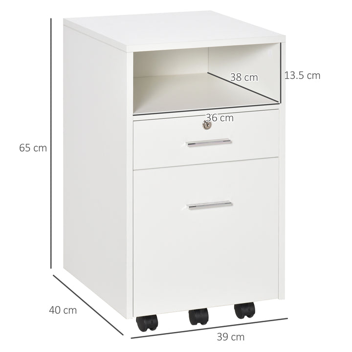 Lockable Two-Drawer Filing Cabinet, with Wheels - White