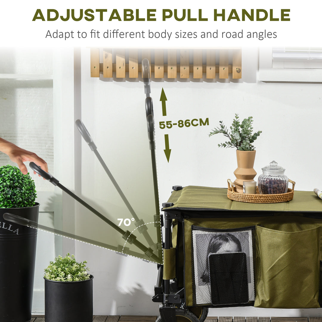 Folding Garden Trolley, Cargo Trailer on Wheels, Collapsible Camping Trolley with Folding Board, Outdoor Utility Wagon with Steel Frame and Oxford Fabric, Green
