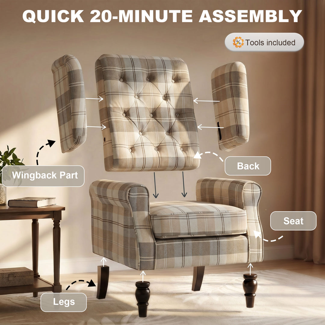 Wingback Accent Chair, Linen-Look Fabric Armchair with Thick Spring Cu