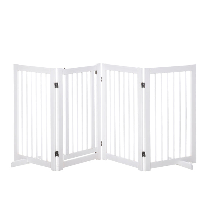 PawHut Wooden Freestanding Pet Gate 4 Panels 91cm Foldable Dog Safety Fence with 2 Support Feet Walk-through Door for Doorway Stairs White | Aosom UK